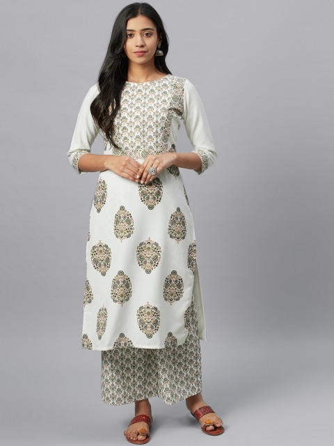 

ZIYAA Women Off-White & Green Floral Printed Kurta with Palazzos