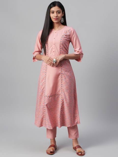 

ZIYAA Women Pink & Blue Khari Print Kurta with Trousers