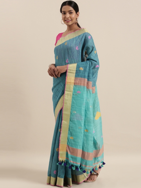 

The Chennai Silks Teal Blue & Sea Green Pure Linen Woven Design Saree