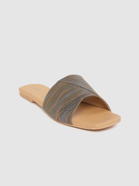 

Lavie Women Olive Green & Blue Snakeskin Textured Open Toe Flats