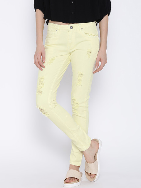 

People Yellow Distressed Slim Fit Jeans