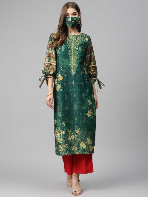

Biba Women Green Golden Floral Hand-Painted Pure Cotton Straight Kurta