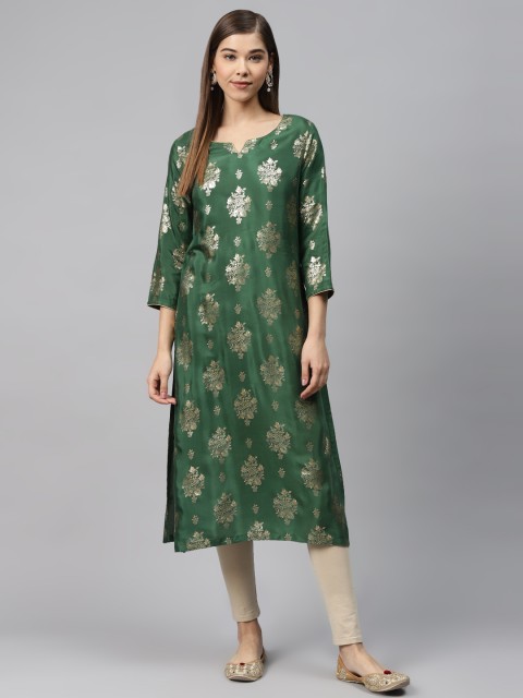 

Biba Women Green & Golden Printed Straight Kurta