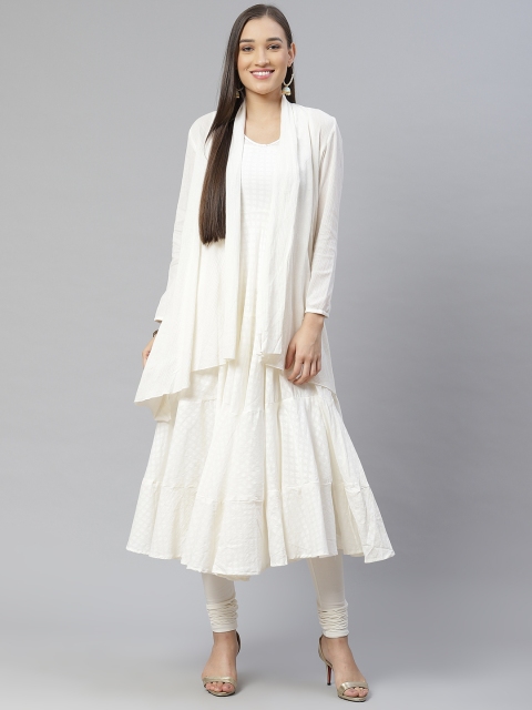 

Biba Women Cream-Coloured Solid Kurta with Churidar and Jacket