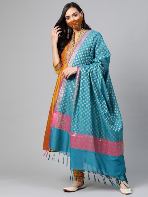 

Biba Women Mustard Yellow Blue Yoke Design Kurta with Churidar, Dupatta