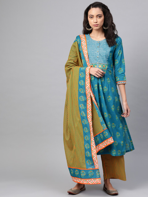 

Biba Teal Green & Orange Pure Cotton Ethnic Motifs Print Kurta with Palazzos & Dupatta