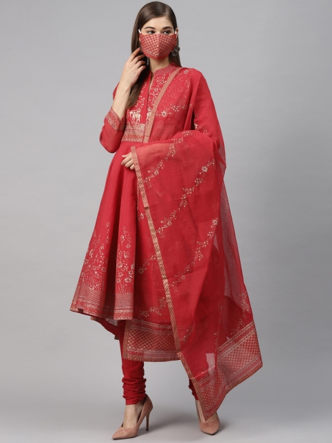 

Biba Women Red & Golden Printed Kurta with Churidar & Dupatta