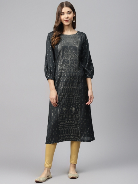 

Biba Women Black & Golden Ethnic Motifs Print Straight Kurta