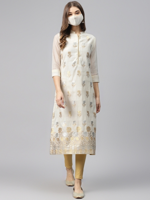 

Biba Women Off-White Golden Floral Woven Design Straight Kurta