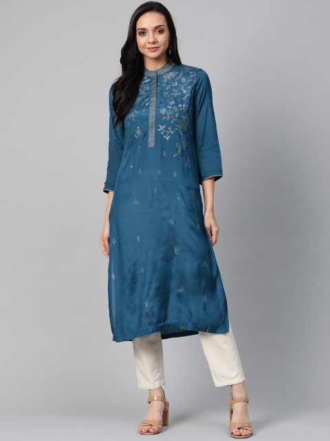 

Biba Women Teal Blue & Silver Floral Print Straight Kurta