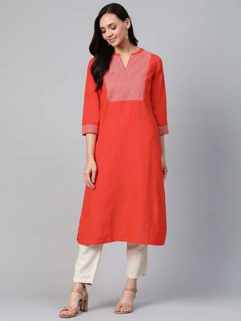 

Biba Women Red Cotton Yoke Design Straight Kurta