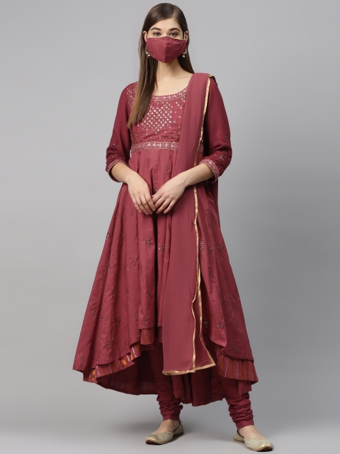 

Biba Women Mauve Golden Layered Embroidered Kurta with Churidar, Dupatta