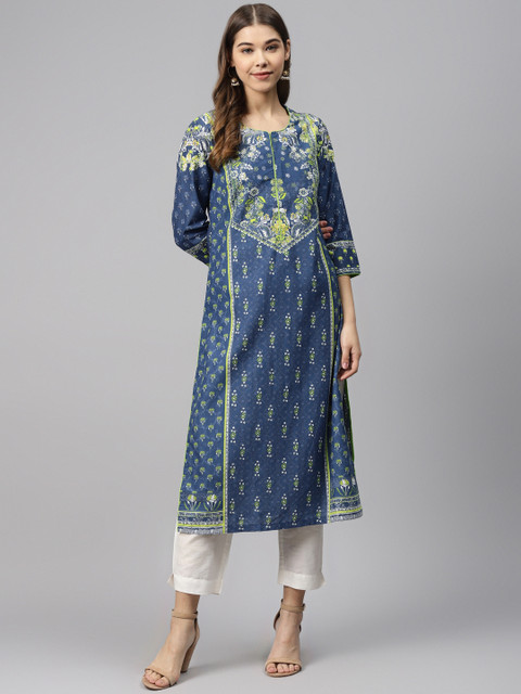 

Biba Women Navy & Green Pure Cotton Ethnic Print Straight Kurta, Navy blue