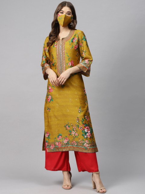 

Biba Women Mustard Brown & Red Hand-Painted Floral Straight Kurta