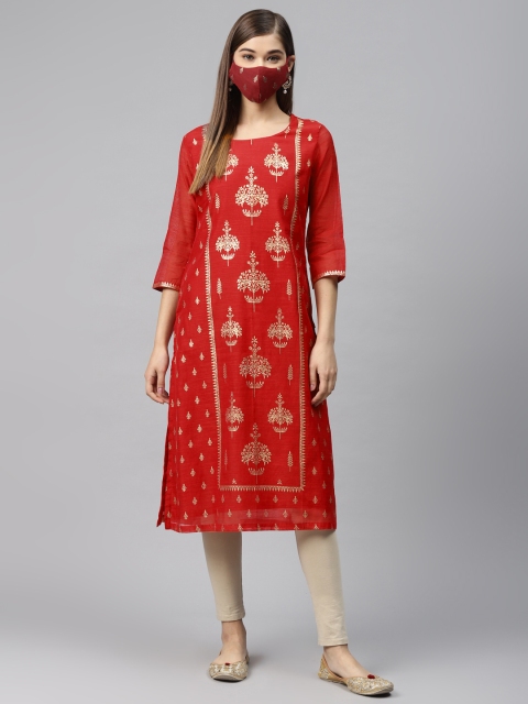 

Biba Women Red Golden Ethnic Print Straight Kurta