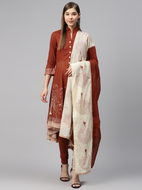 

Biba Women Rust Brown & Golden Printed Kurta with Leggings & Dupatta