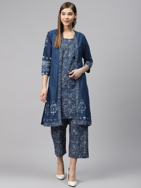 

Biba Women Blue & White Printed Kurta with Palazzos & Ethnic Jacket