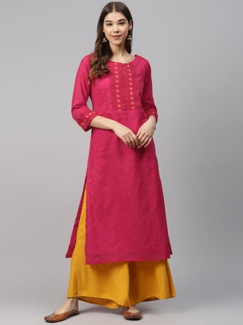 

Biba Women Magenta & Yellow Printed Straight Kurta