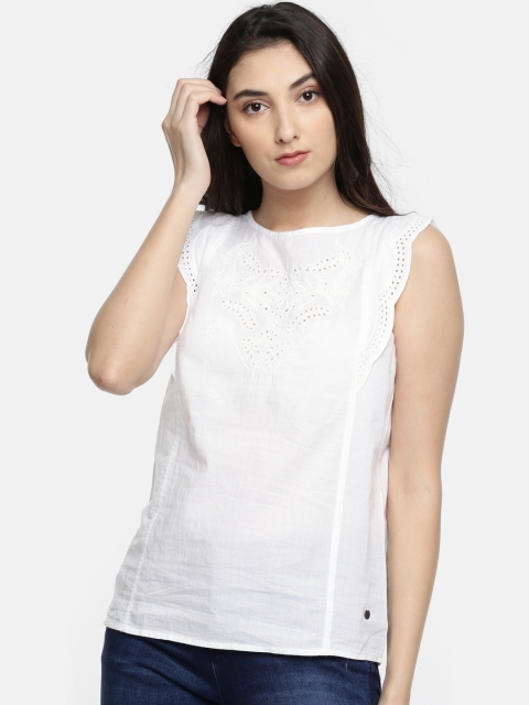 Pepe Jeans Women White Self Design Pure Cotton Top