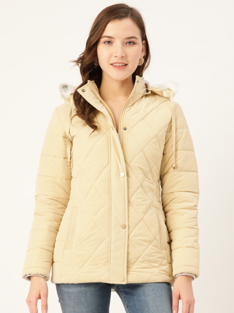 

Okane Women Cream-Coloured Solid Hooded Quilted Parka Jacket