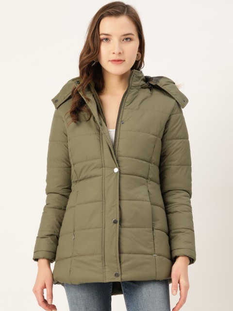 

Okane Women Olive Green Solid Parka Jacket with Detachable Hood