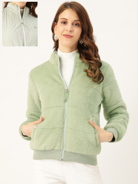 

Okane Women Green Solid Sherpa Reversible Bomber Jacket