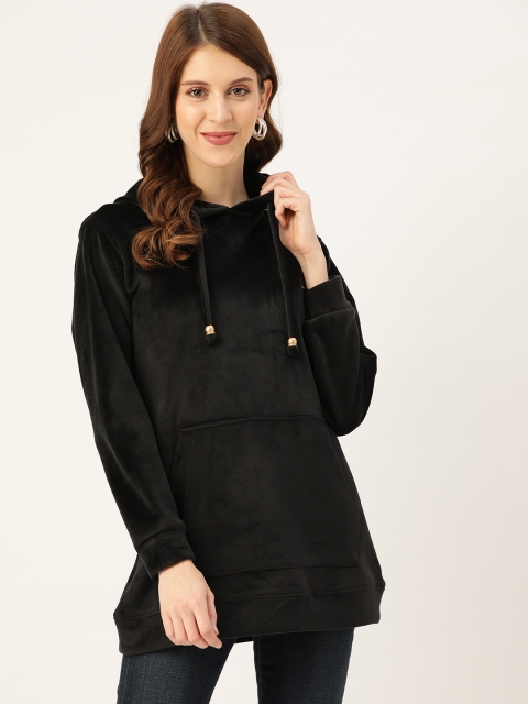

Okane Women Black Solid Velvet Finish Longline Hooded Sweatshirt