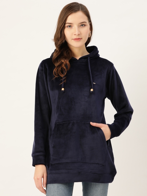 

Okane Women Navy Blue Solid Velvet Finish Longline Hooded Sweatshirt
