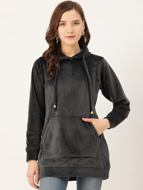 

Okane Women Charcoal Grey Solid Hooded Sweatshirt with Velvet Finish