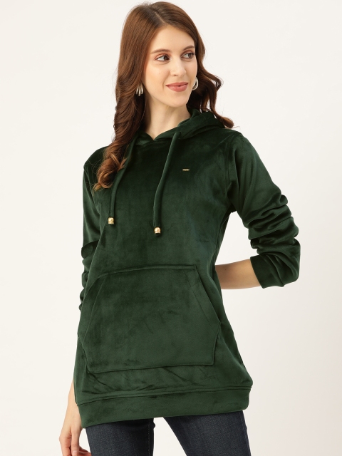 

Okane Women Green Solid Velvet Finish Longline Hooded Sweatshirt