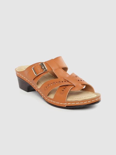 

TRASE Women Tan Brown Laser Cut Comfort Heels with Buckle Detail