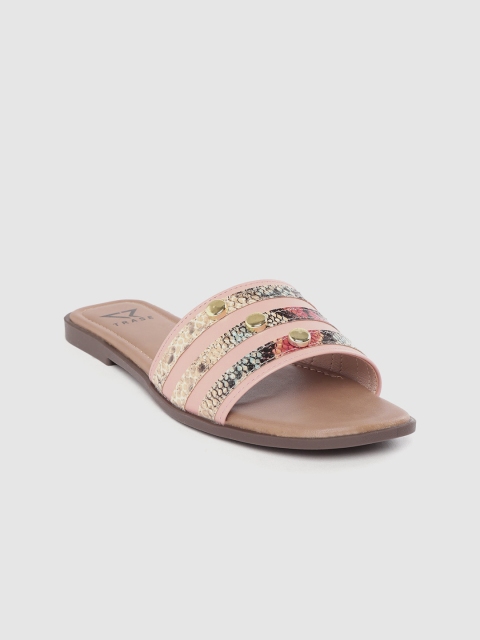 

TRASE Women Pink & Beige Snakeskin Textured Striped Open Toe Flats with Embellished Detail