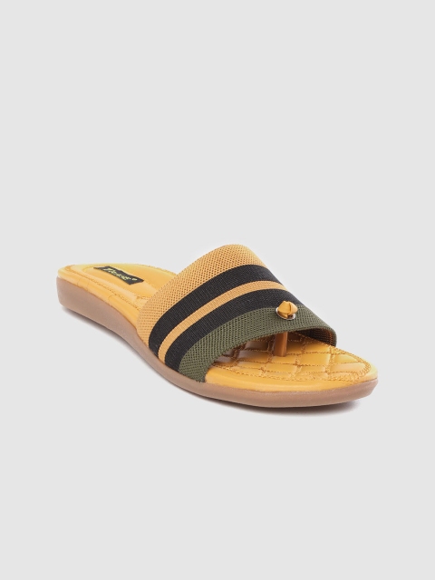 

TRASE Women Mustard Yellow & Black Striped Open Toe Flats