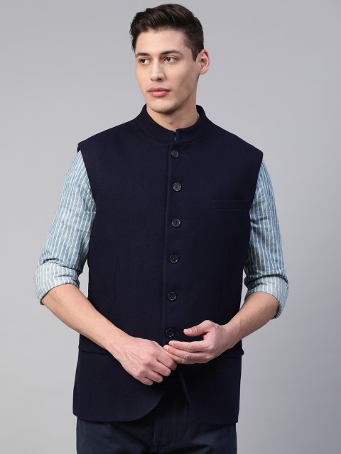 

Marks & Spencer Men Navy Blue Solid Tailored Fit Nehru Jacket