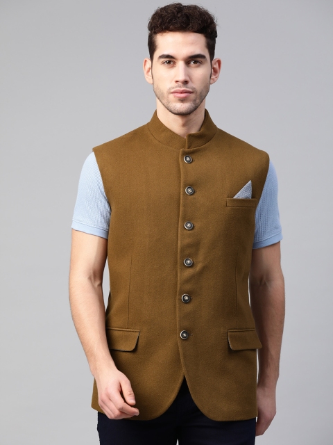 

Marks & Spencer Men Olive Brown Solid Tailored Fit Nehru Jacket