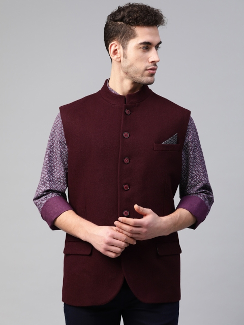 

Marks & Spencer Men Burgundy Solid Tailored Fit Nehru Jacket