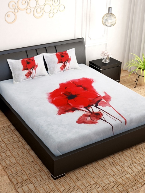 

PAVO Grey & Red Floral 300 TC Cotton 1 King Bedsheet with 2 Pillow Covers