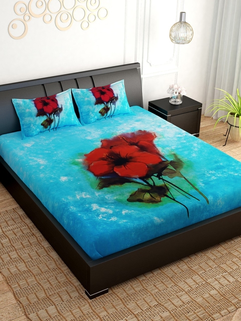 

PAVO Blue & Red Floral 300 TC Cotton 1 King Bedsheet with 2 Pillow Covers