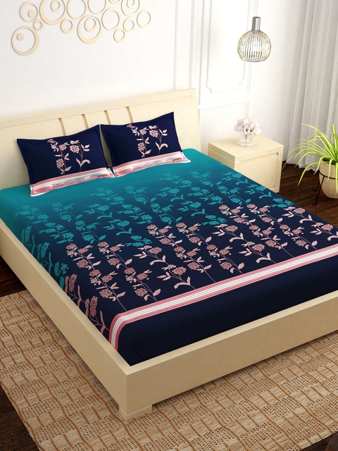 

PAVO Navy Blue & Pink Floral 300 TC Cotton 1 King Bedsheet with 2 Pillow Covers