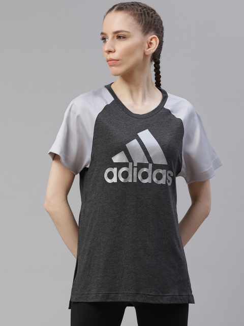 

ADIDAS Women Charcoal Grey Brand Logo Printed Aeroready T-shirt