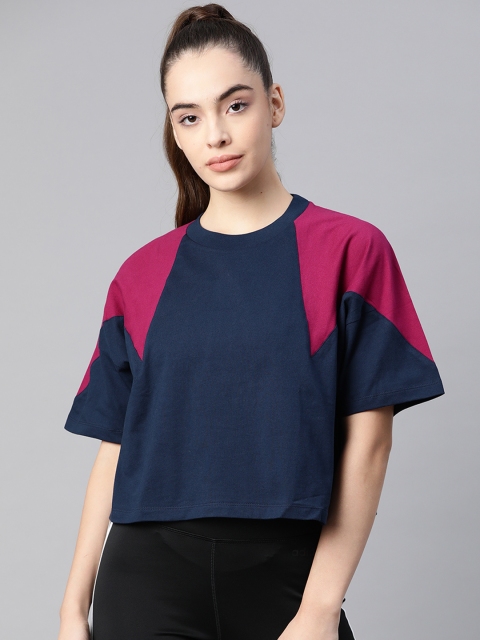 

ADIDAS Originals Women Navy Blue & Magenta Colourblocked Logo Drop-Shoulder T-shirt