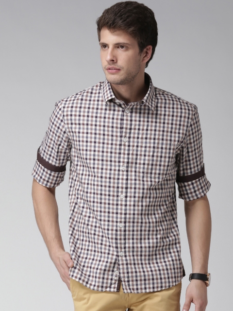 

Celio Cream-Coloured & Brown Checked Casual Shirt