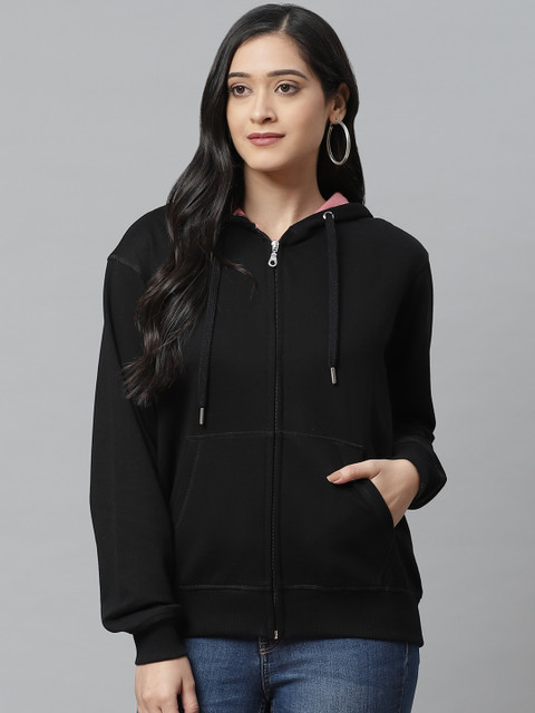 

VividArtsy Women Black Solid Hooded Sweatshirt