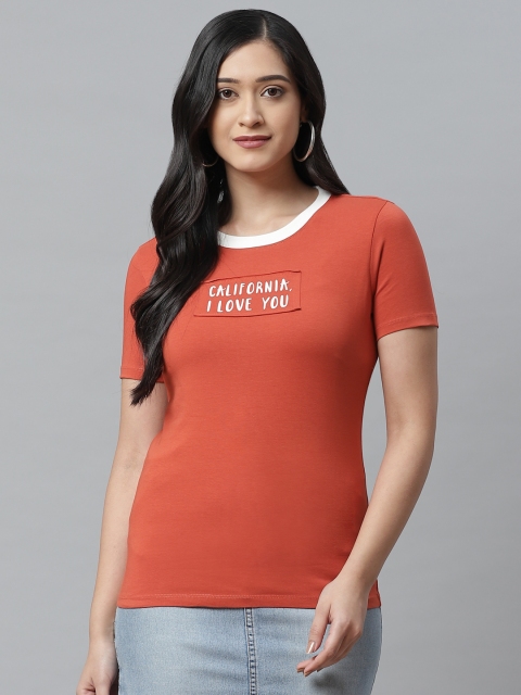 

VividArtsy Women Rust Orange & White Printed Round Neck T-shirt