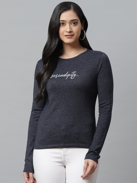 

VividArtsy Women Navy Blue & Grey Printed Round Neck Pure Cotton T-shirt