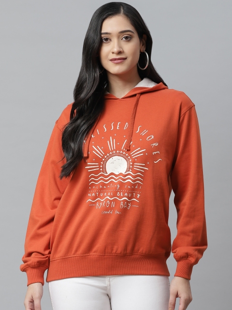 

VividArtsy Women Rust Orange & Off-White Printed Hooded Oversized Sweatshirt