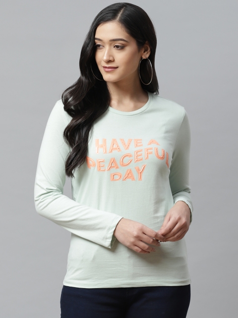 

VividArtsy Women Sea Green & Coral Orange Printed Round Neck T-shirt