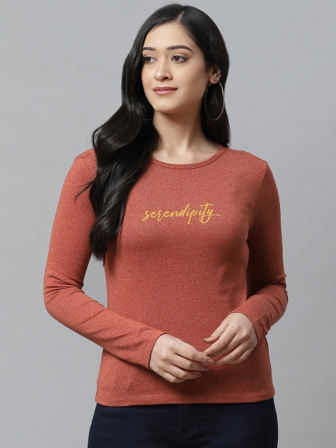 

VividArtsy Women Rust Orange & Mustard Yellow Printed Round Neck T-shirt