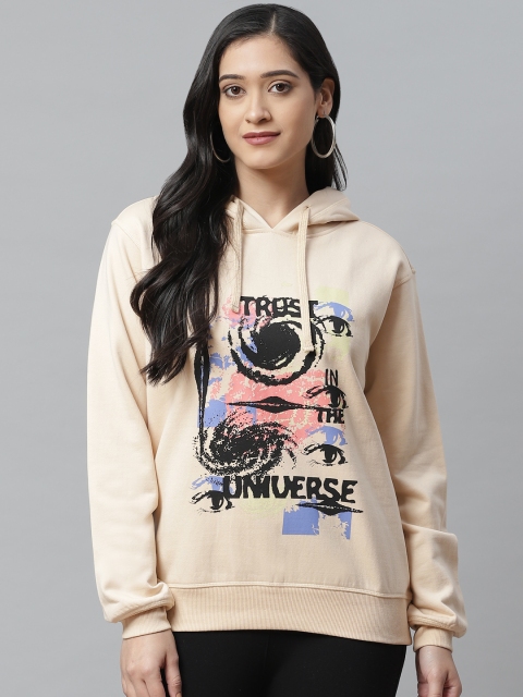 

VividArtsy Women Cream-Coloured & Black Printed Hooded Oversized Sweatshirt