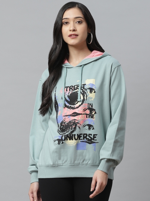 

VividArtsy Women Sea Green & Black Printed Hooded Oversized Sweatshirt
